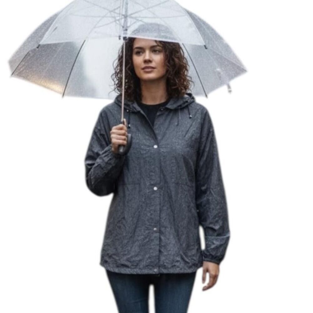 Athleta Jacket Womens Medium Gray Nylon Snap Front Hooded Rain Coat Lightweight